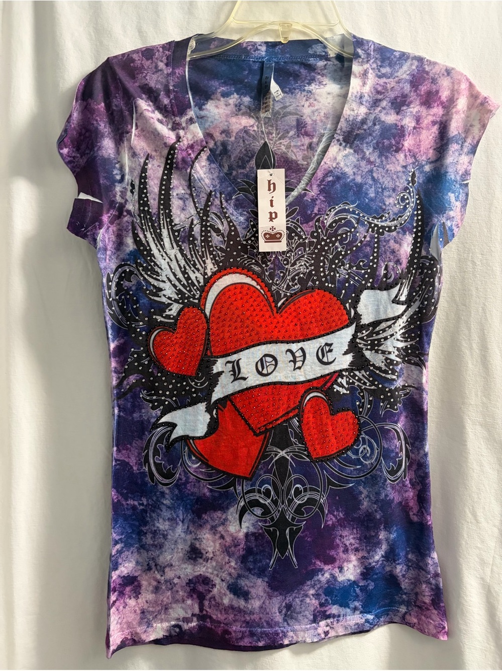 Purple Tie-Dye V-Neck Top with Red Love Heart Graphic sequences